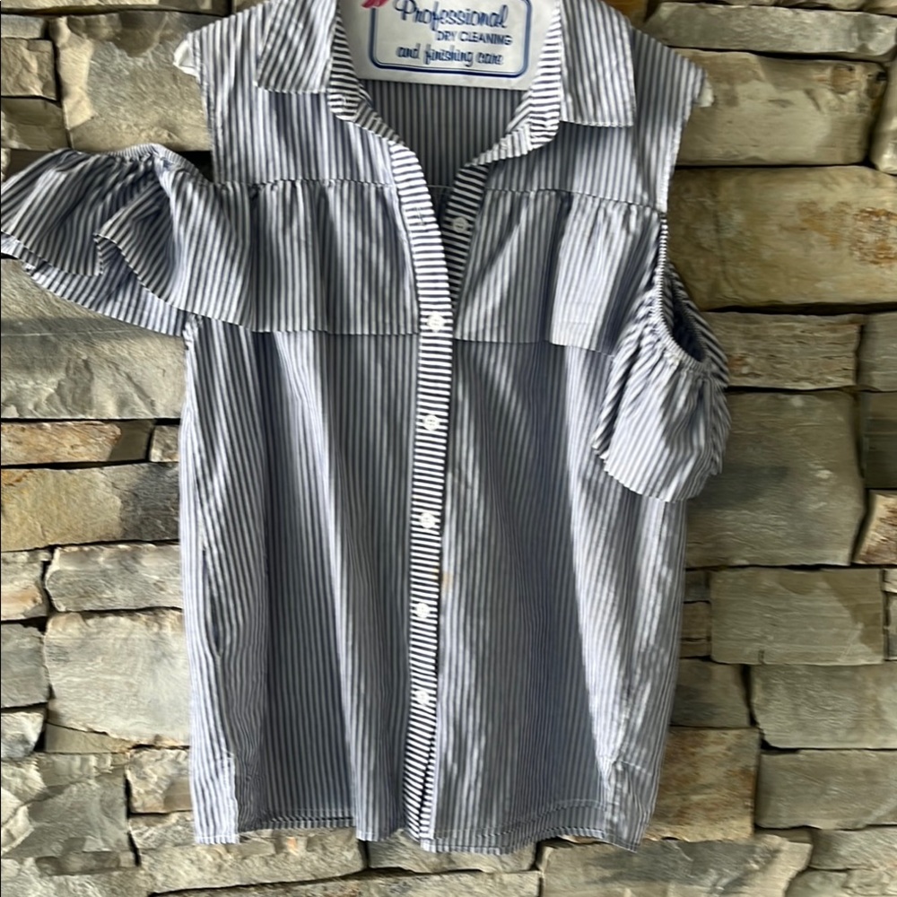 Striped Cold-Shoulder Button-Down Top - Blue & White